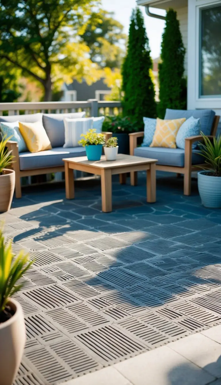A sunny outdoor patio with interlocking rubber paver tiles arranged in a geometric pattern, surrounded by potted plants and comfortable outdoor furniture