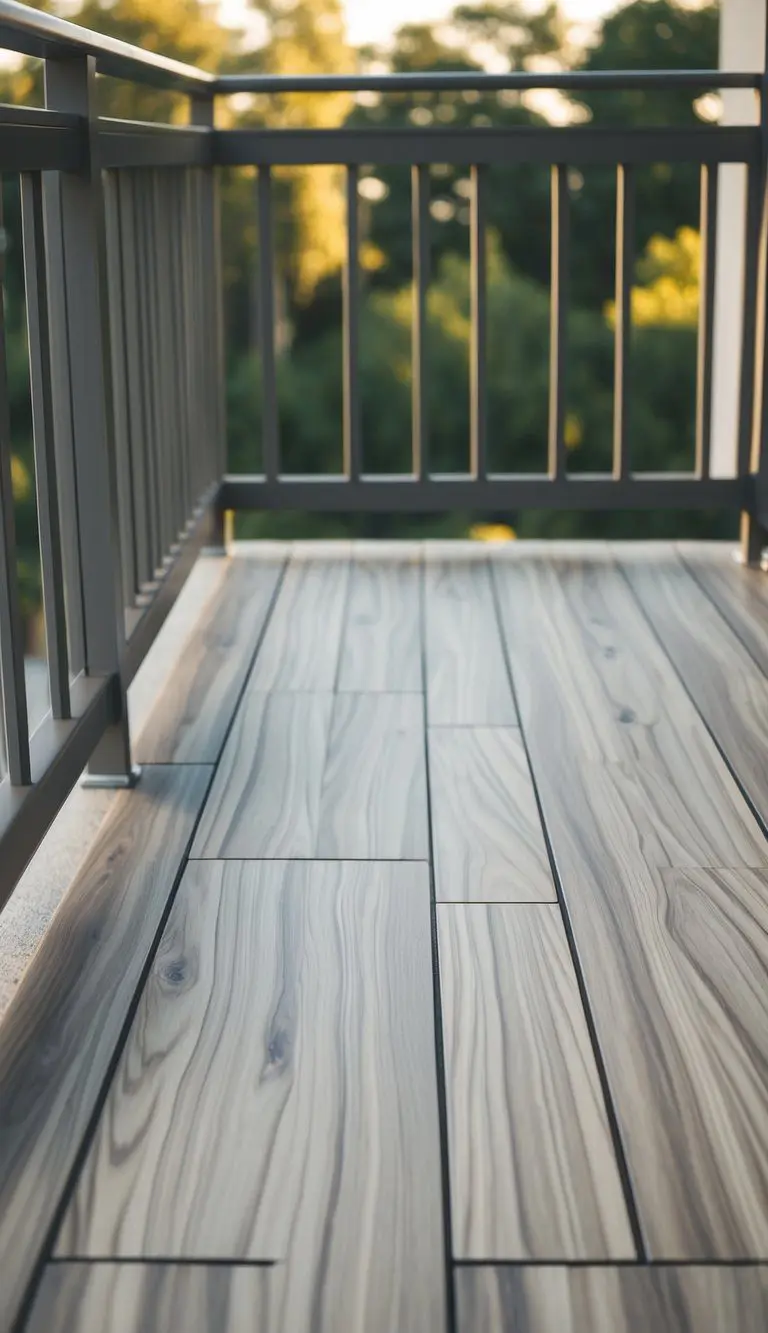 Ten ceramic wood-look tiles arranged on a balcony floor, with a seamless, natural appearance