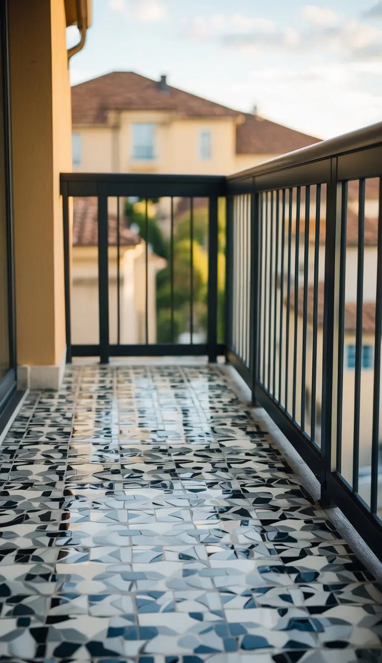 A balcony floor covered in porcelain mosaic tiles, arranged in a pattern of 10 tiles, creating a decorative and durable surface