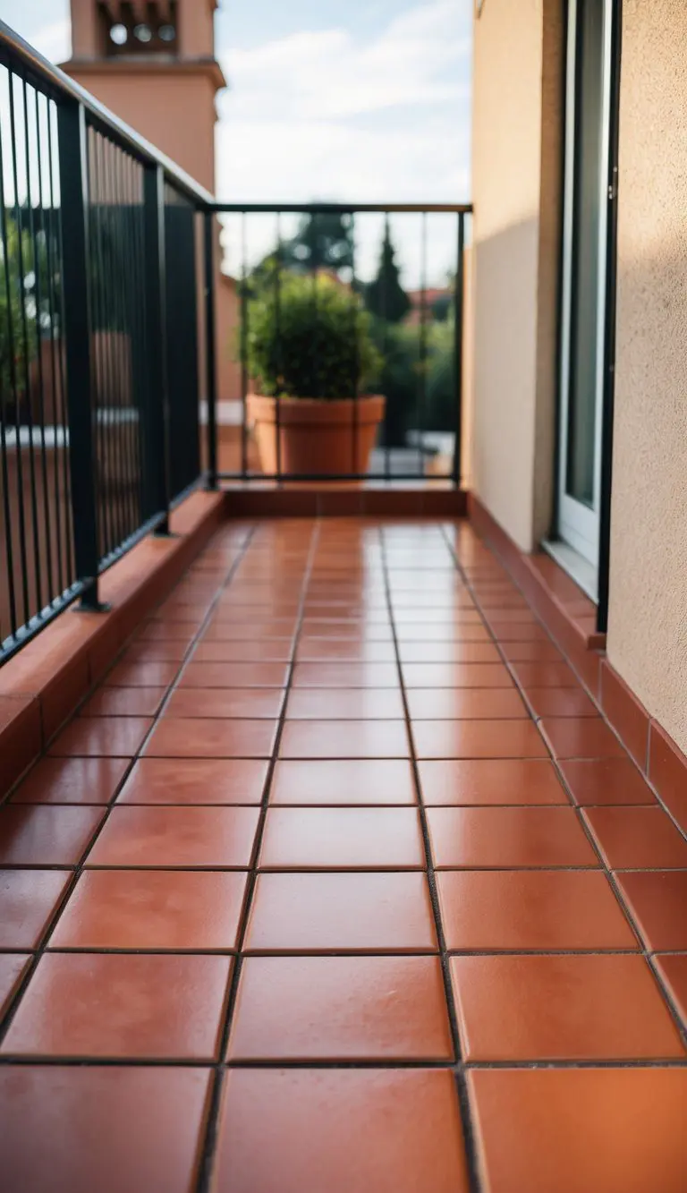 A balcony floor covered in terracotta tiles, arranged in a pattern of 10 tiles, creating a warm and inviting outdoor space