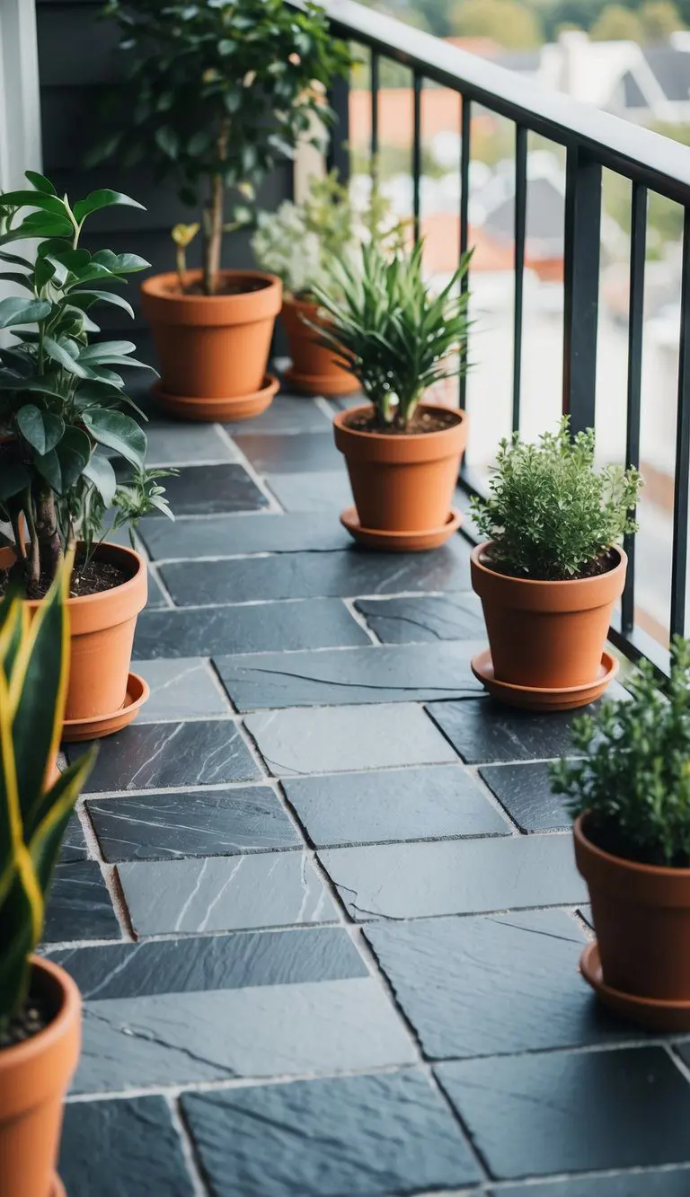 Ten slate tiles arranged in a geometric pattern on a balcony floor, surrounded by potted plants and a view of the outdoors