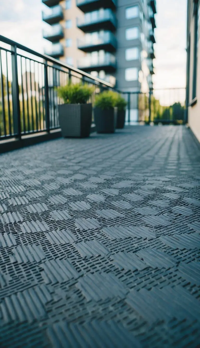 A balcony floor covered in interlocking rubber tiles, creating a textured and durable surface