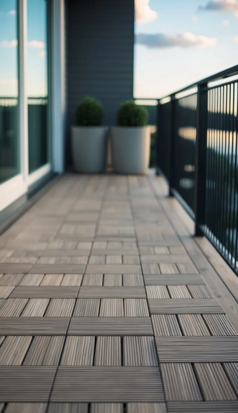 Ten interlocking deck tiles arranged on a balcony floor, creating a stylish and functional outdoor space