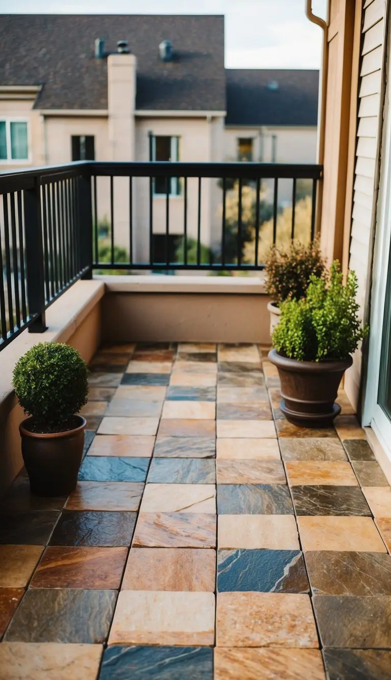 A balcony floor adorned with 10 natural stone tiles in various earthy tones, creating a rustic and elegant outdoor space