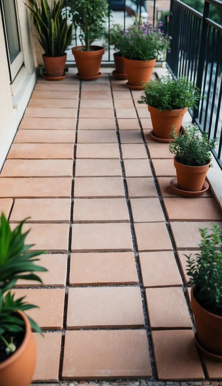Ten clay paver tiles arranged in a geometric pattern on a balcony floor, surrounded by potted plants and outdoor furniture