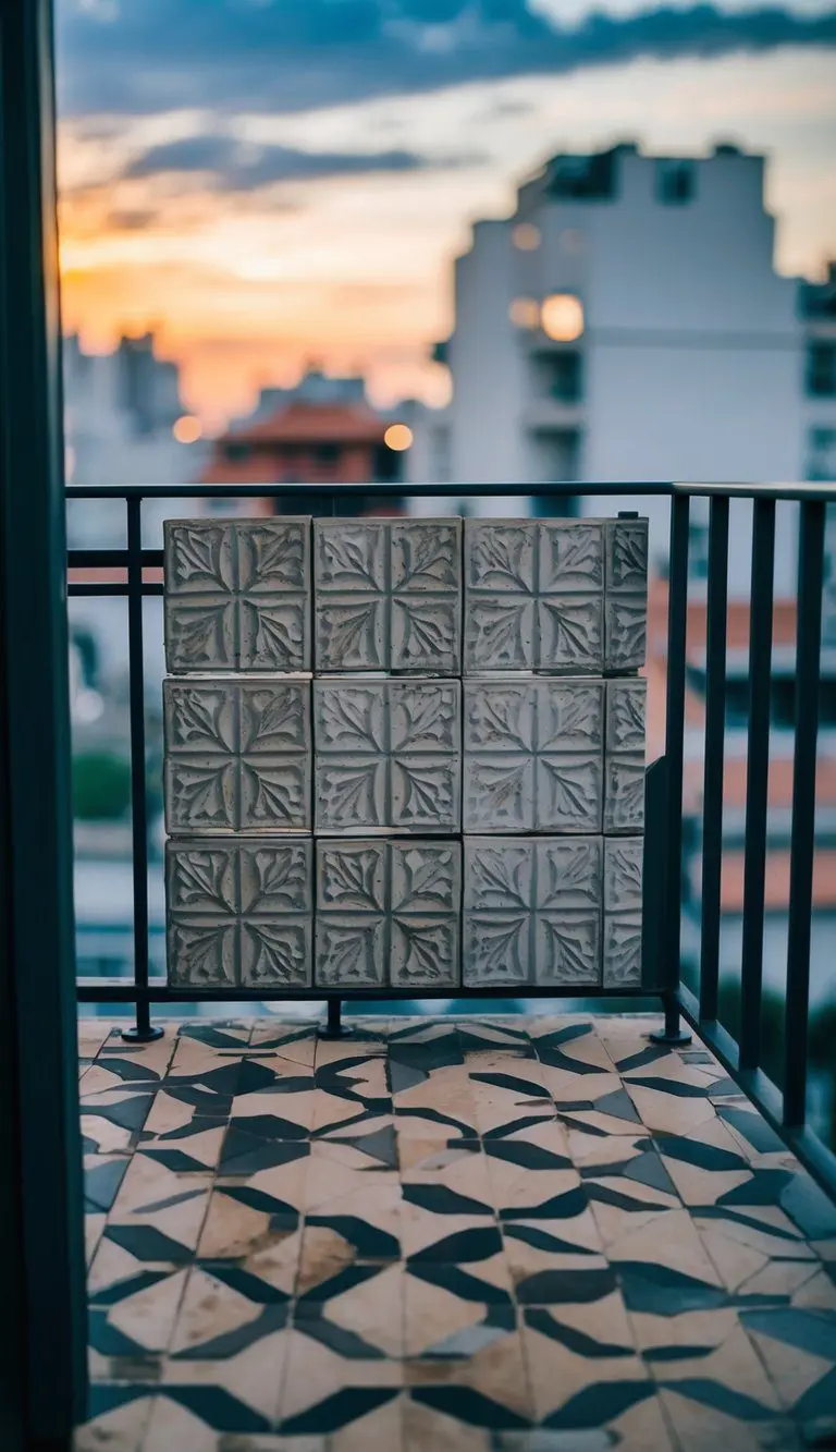 A balcony with 10 patterned cement tiles arranged in a geometric design