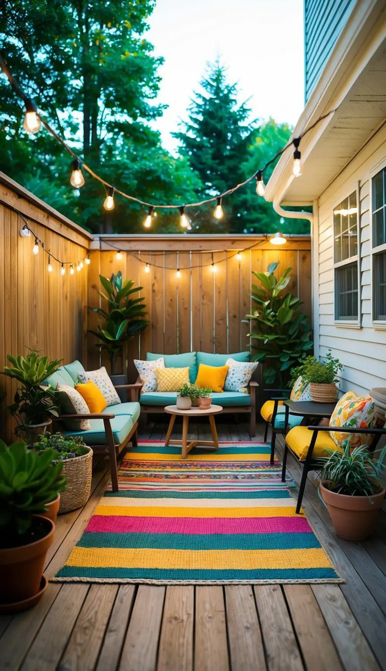 A small, cozy patio with wooden decking, potted plants, string lights, colorful outdoor rugs, and comfortable seating arrangements