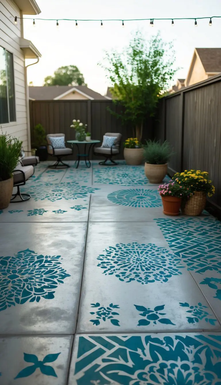 A patio with various stencil-painted concrete designs, including geometric patterns and floral motifs, creating a budget-friendly and visually appealing outdoor space