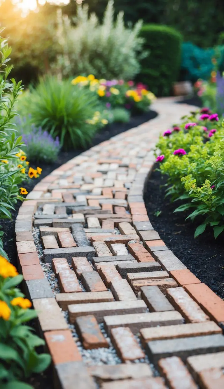 A winding pathway of recycled bricks leads through a garden, bordered by lush greenery and colorful flowers