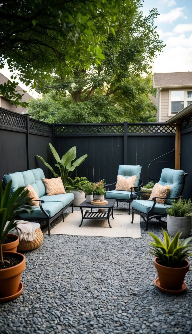 A cozy backyard patio with pea gravel flooring, surrounded by potted plants and comfortable outdoor furniture