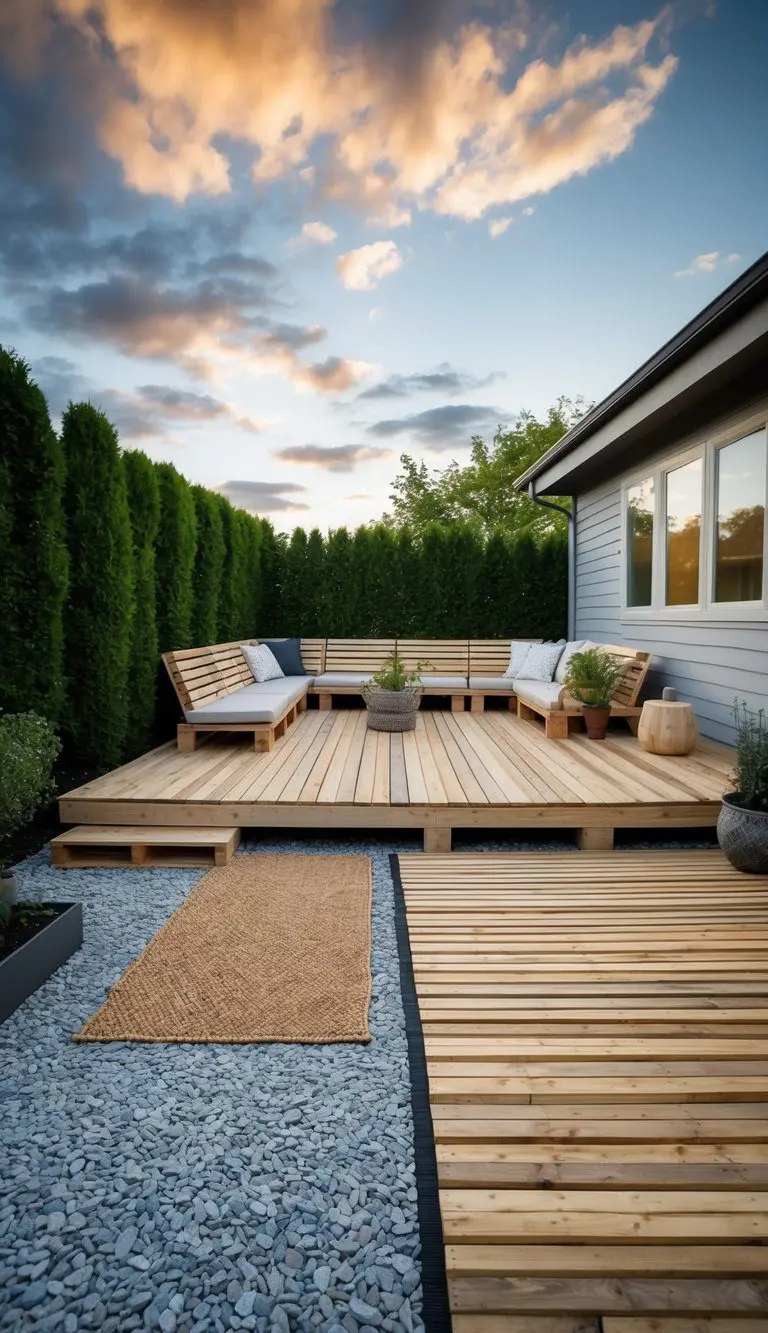 A cozy outdoor patio with wood pallet decks and various budget-friendly flooring options like gravel, pavers, and outdoor rugs