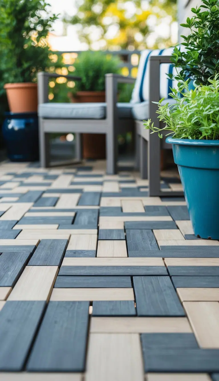 Interlocking deck tiles arranged in a geometric pattern on a patio, surrounded by potted plants and outdoor furniture