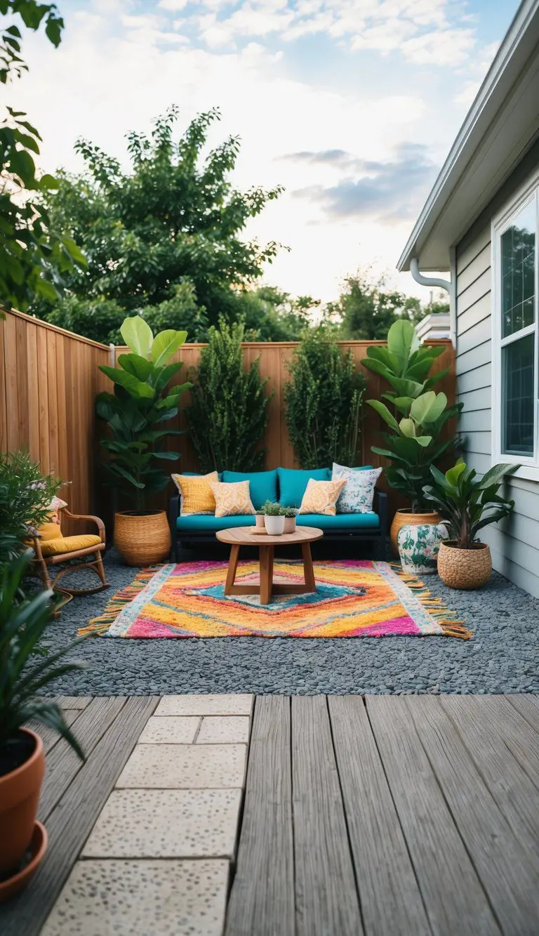 A cozy outdoor patio with colorful rugs and potted plants, surrounded by low-cost flooring options like gravel, wood decking, and concrete pavers