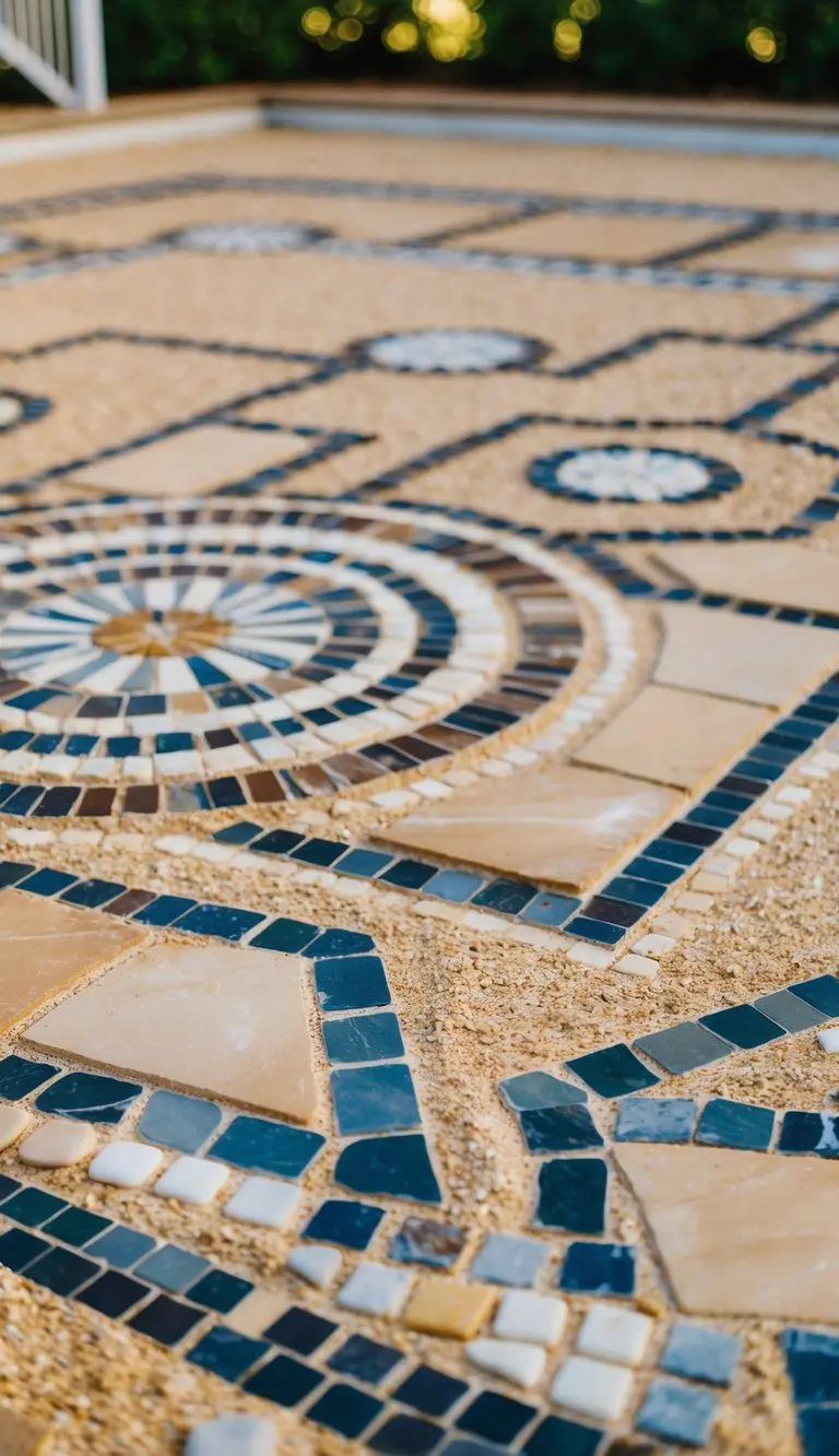 A mosaic patio floor made of sand and stone, with intricate patterns and designs, creating a budget-friendly and visually appealing outdoor space