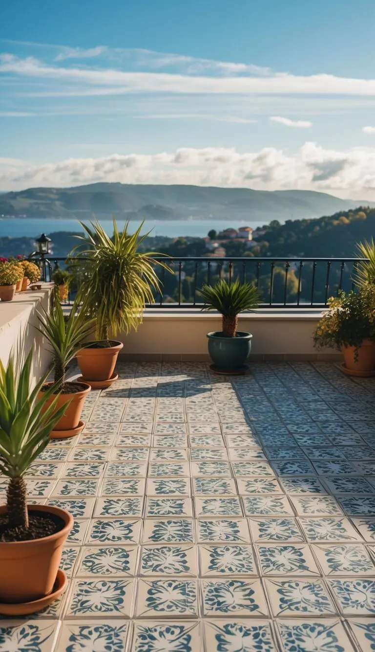 A spacious outdoor terrace with 10 patterned tiles, surrounded by potted plants and overlooking a scenic view