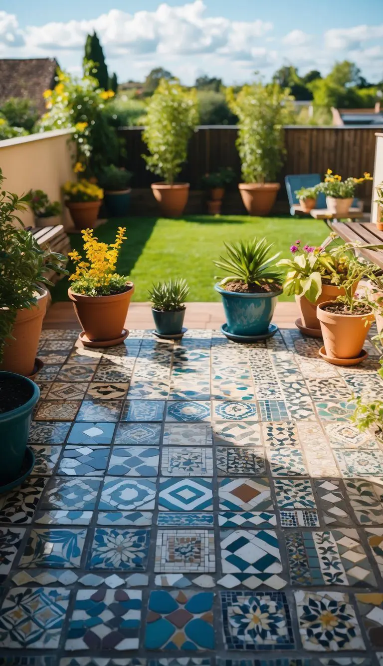A sunny terrace with 10 mosaic stone tiles in various patterns, surrounded by potted plants and overlooking a garden