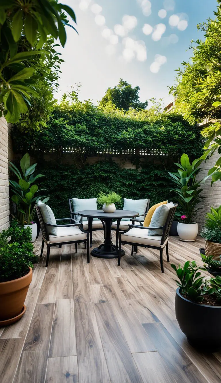 A patio with wood-look porcelain tiles, surrounded by lush greenery and featuring outdoor furniture and potted plants