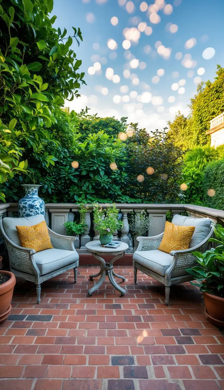 A cozy outdoor terrace with classic brick-style tiles, surrounded by lush greenery and adorned with elegant furnishings