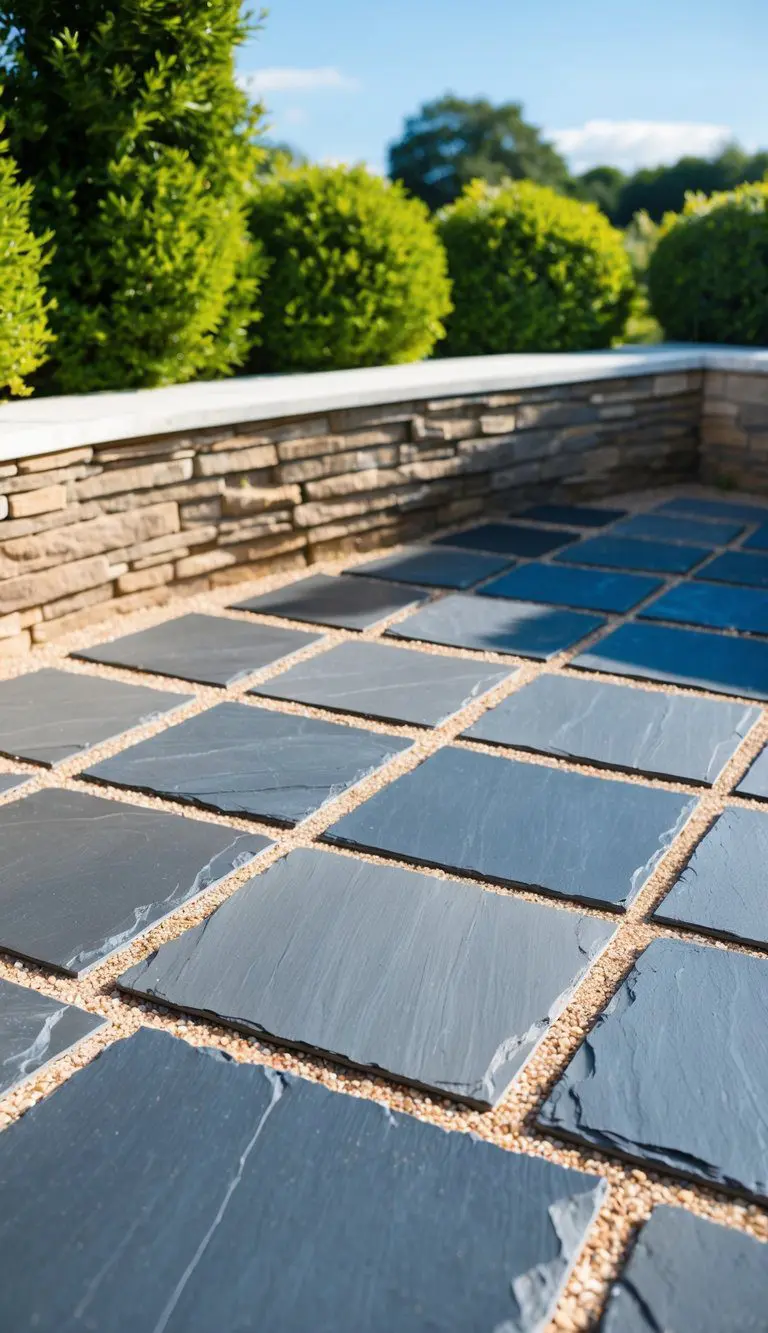 A patio with 10 natural slate tiles arranged in a terrace pattern, surrounded by outdoor greenery and under a clear blue sky