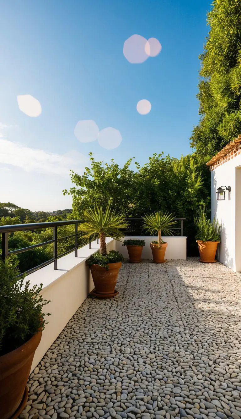 A terrace adorned with pebble wash tiles, surrounded by lush greenery and a clear blue sky