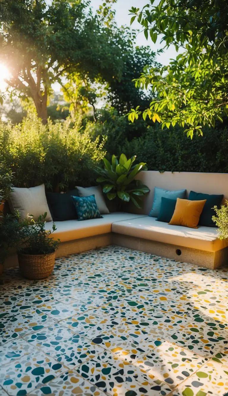 A patio with 10 terrazzo-style tiles in various colors and patterns, surrounded by lush greenery and bathed in warm sunlight
