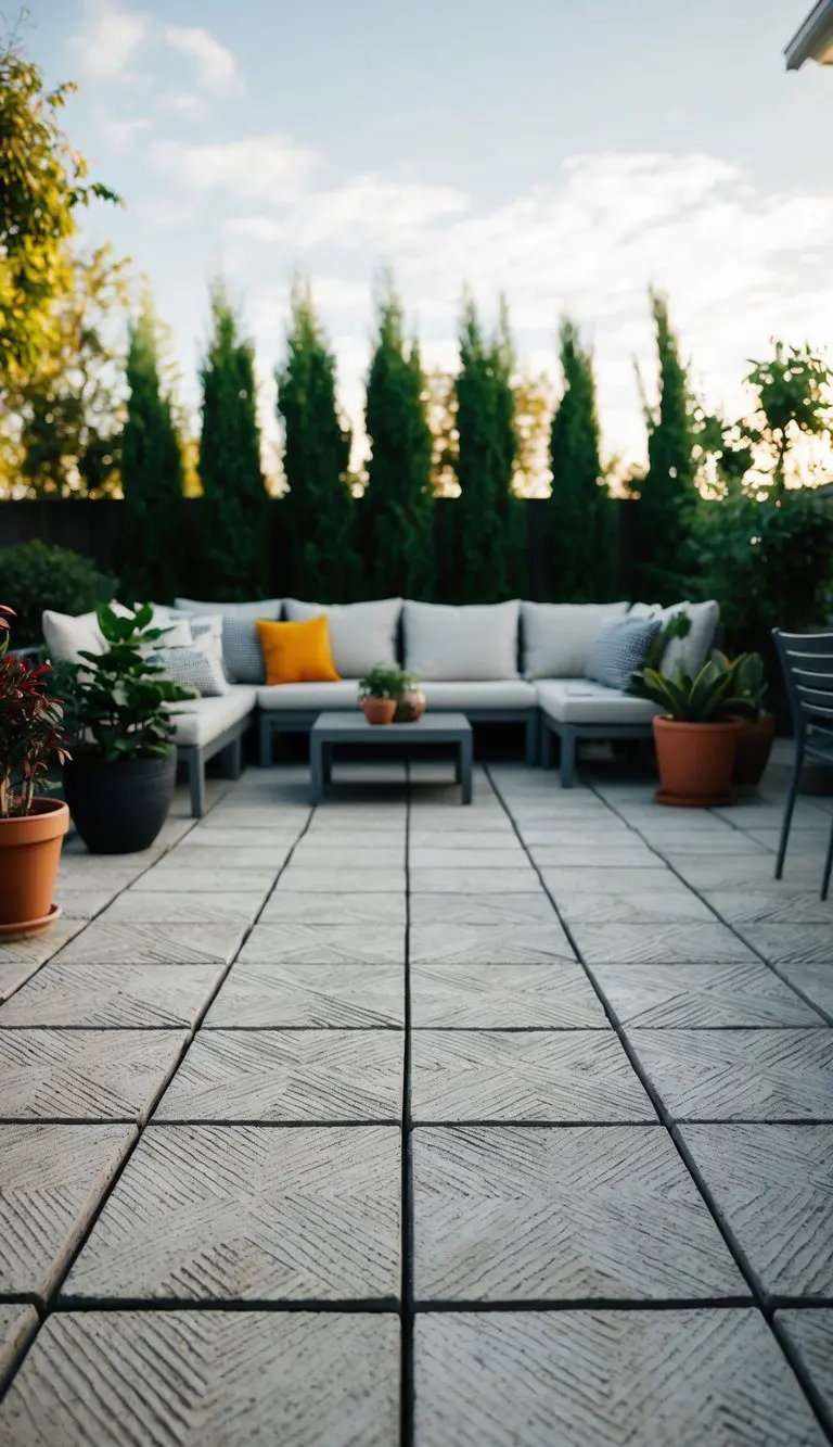 A patio with ten textured concrete tiles arranged in a geometric pattern, surrounded by potted plants and outdoor furniture