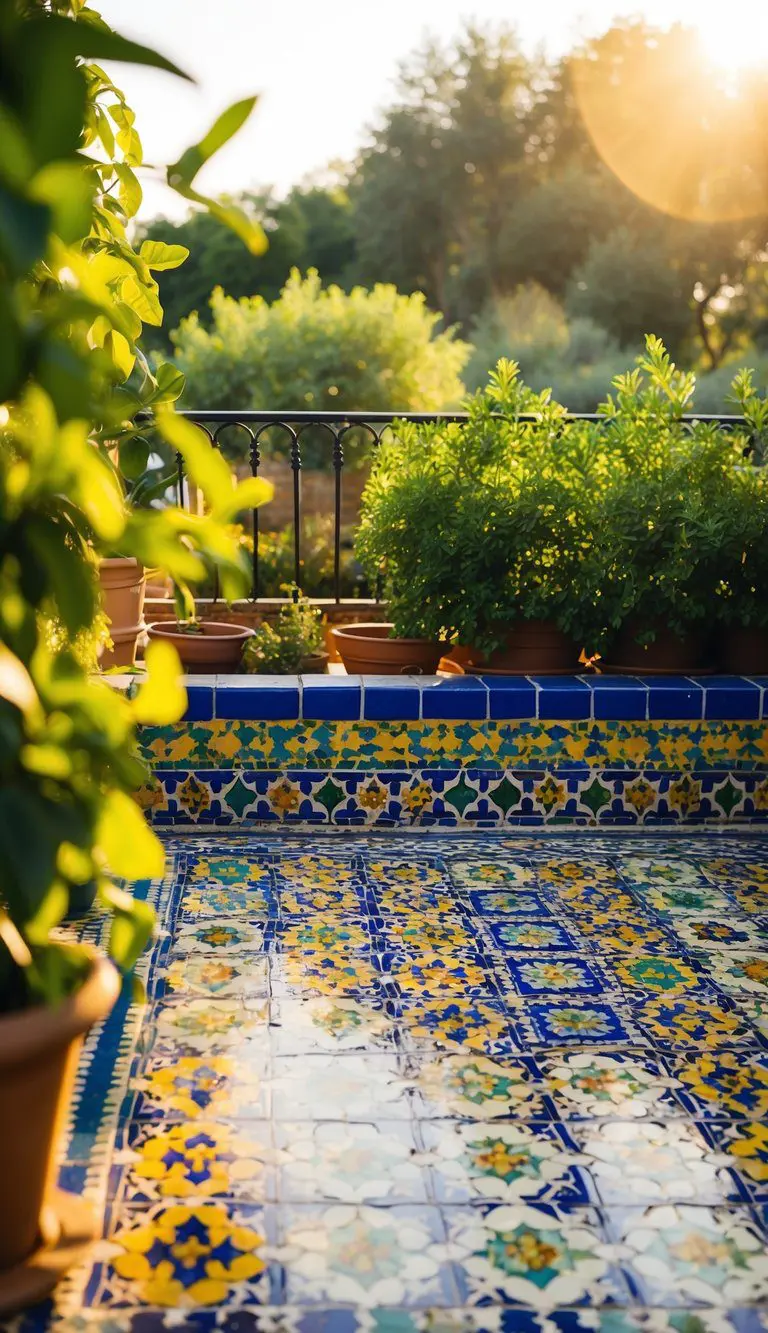 A vibrant mosaic of Moroccan tiles adorns a terrace, surrounded by lush greenery and bathed in warm sunlight
