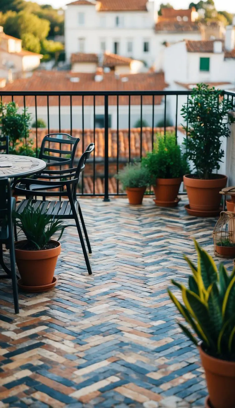 A terrace adorned with herringbone pattern tiles, surrounded by potted plants and outdoor furniture