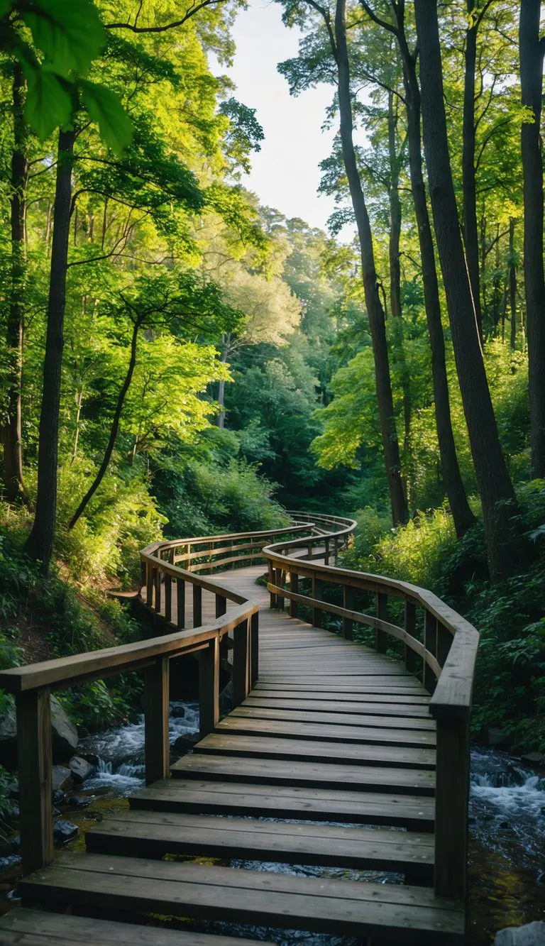 A wooden walkway winding through a lush forest, crossing over a gentle stream, surrounded by tall trees and dappled sunlight