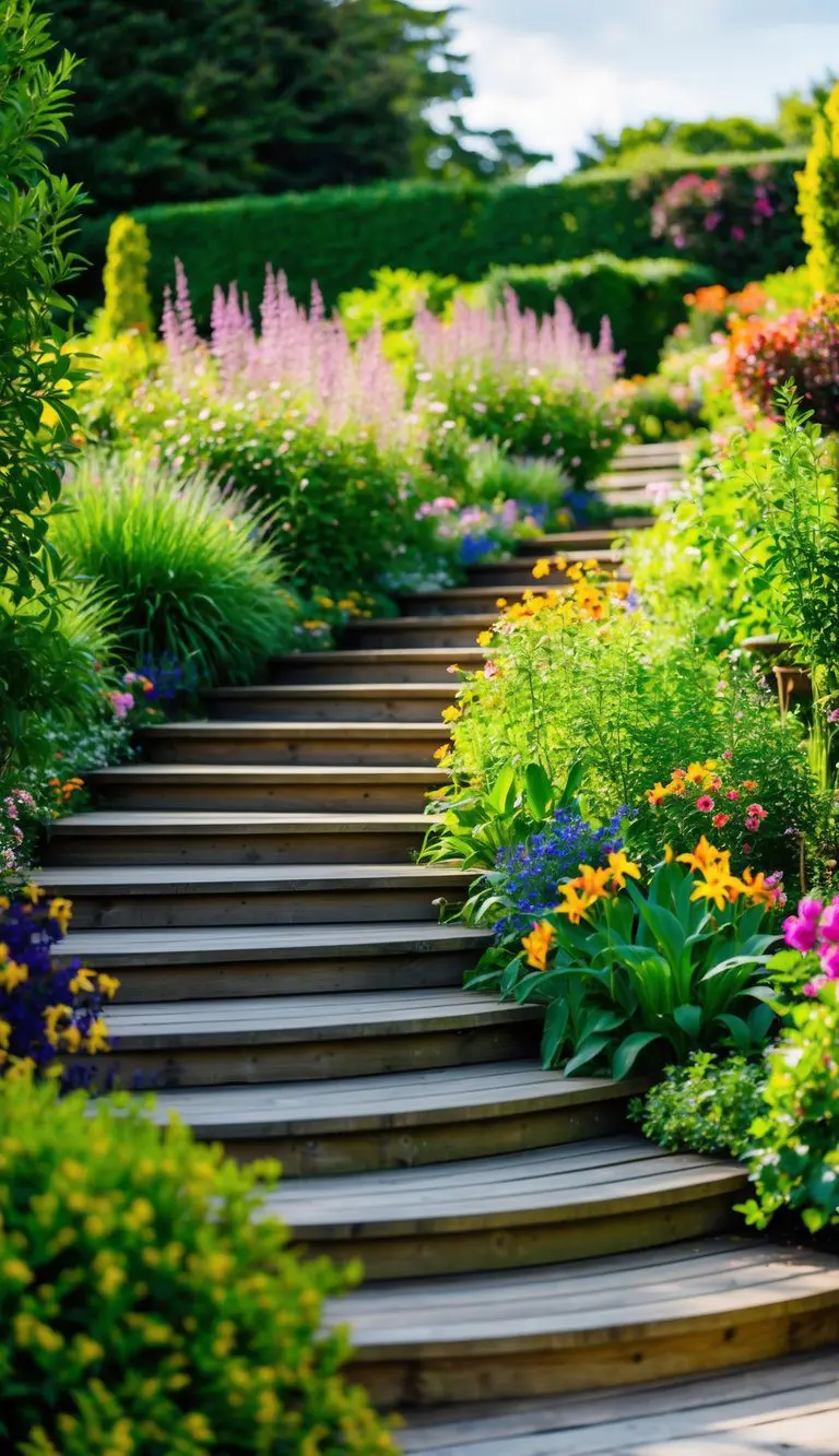 A curved pathway winds through a lush garden, lined with timber steps and bordered by vibrant flowers and greenery