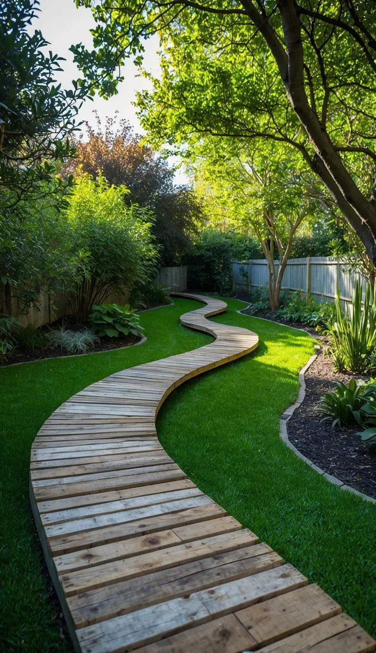 A winding reclaimed wood walkway through a lush garden, with dappled sunlight filtering through the trees onto the weathered planks