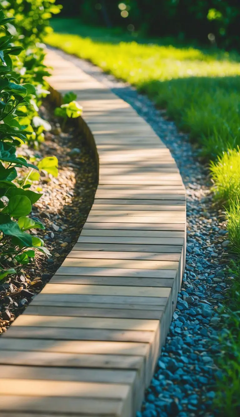A winding path of wood and gravel, bordered by lush greenery and dappled sunlight