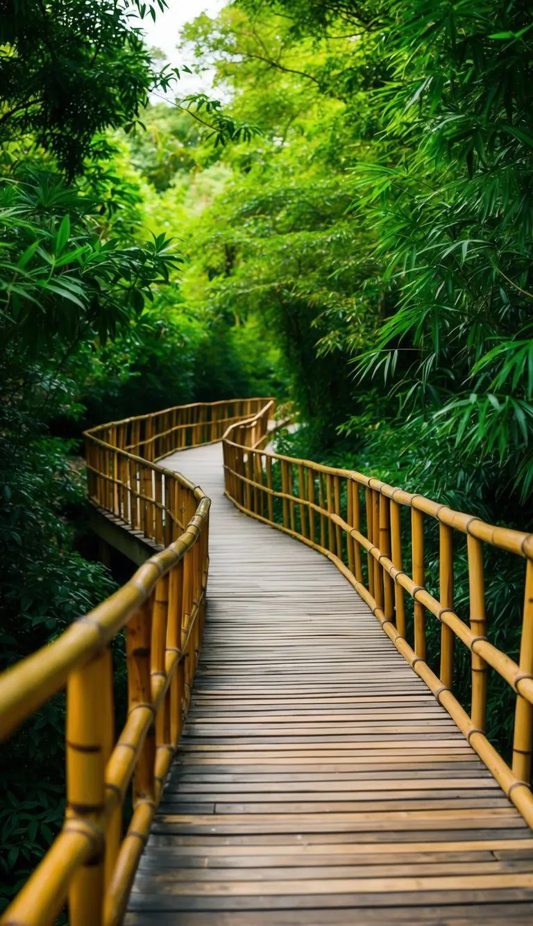 A serene bamboo boardwalk winding through a lush forest, with wooden walkway ideas and greenery on both sides