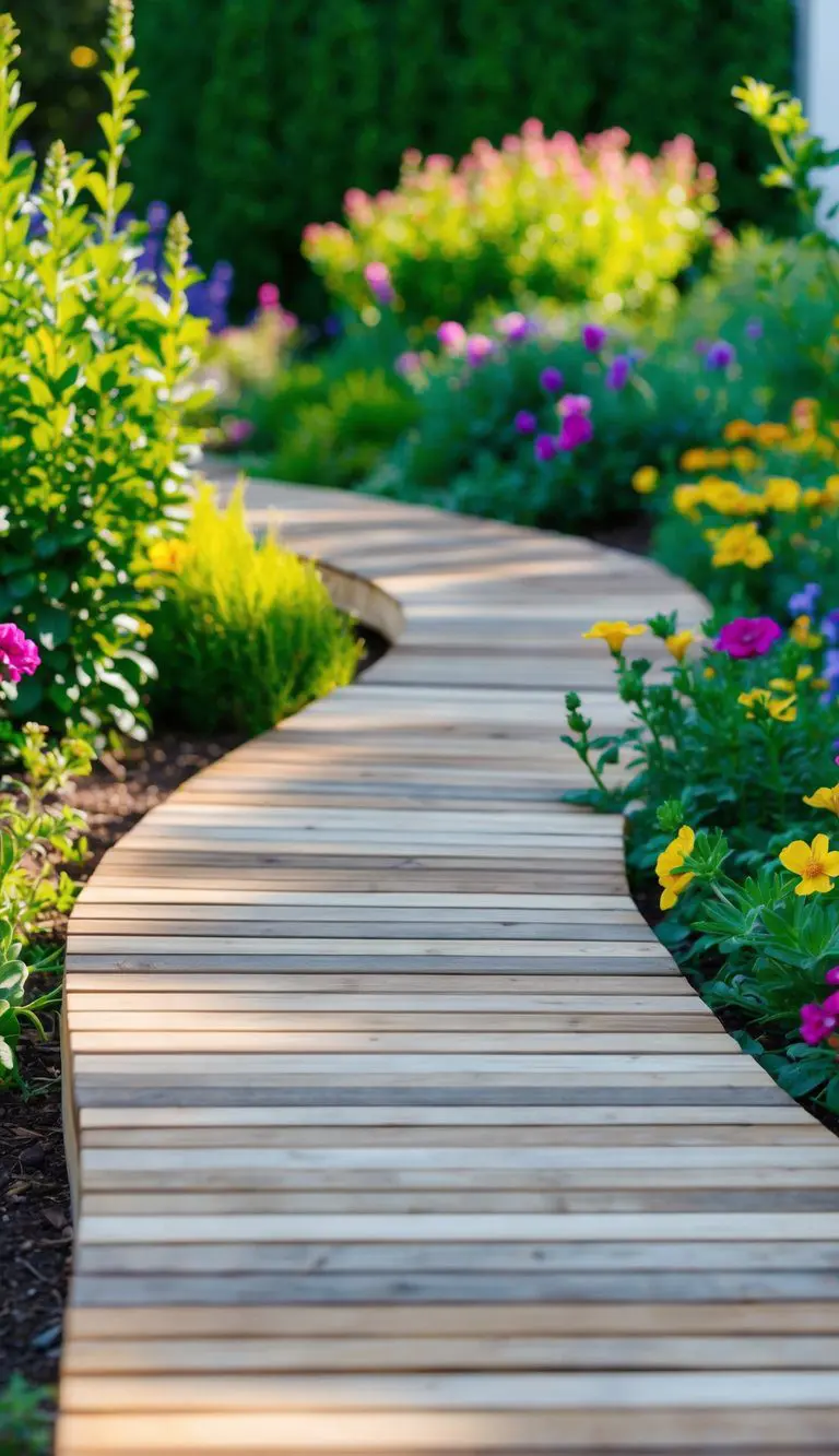 A wooden walkway made of decking planks winds through a lush garden, surrounded by vibrant greenery and colorful flowers