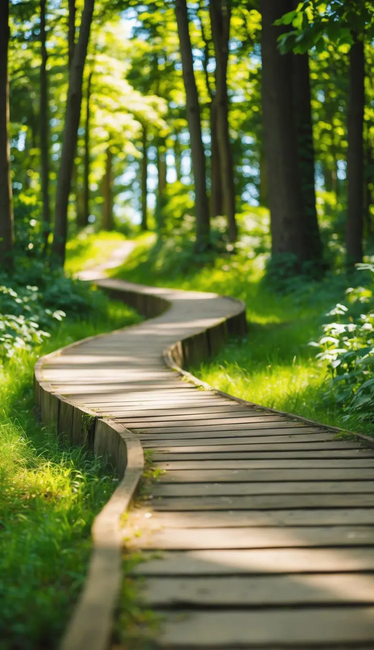 A winding wood path through a lush forest, with dappled sunlight filtering through the trees onto the natural edge of the wooden walkway