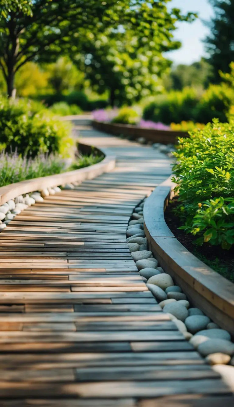 A wooden walkway twisting through a mosaic of wood and stone, surrounded by lush greenery