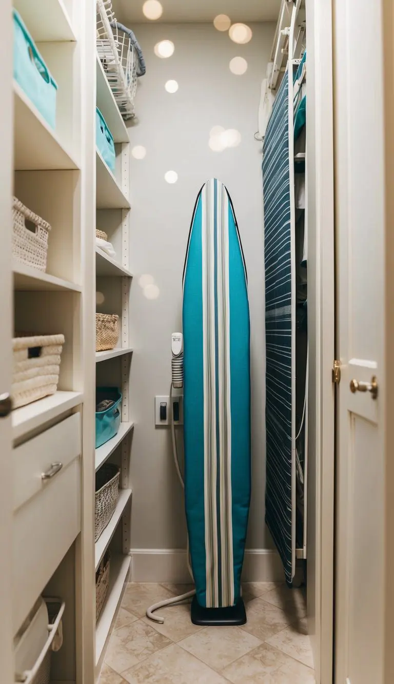 An ironing board is folded up in a small laundry room, surrounded by storage solutions and efficient organization