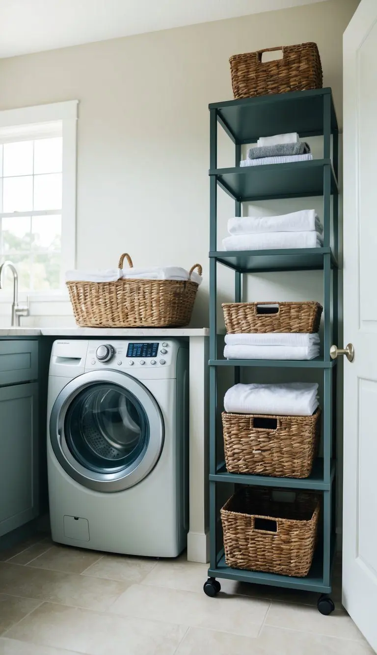 A slim storage cart sits next to a washing machine in a small laundry room. Baskets and shelves hold laundry supplies and neatly folded linens