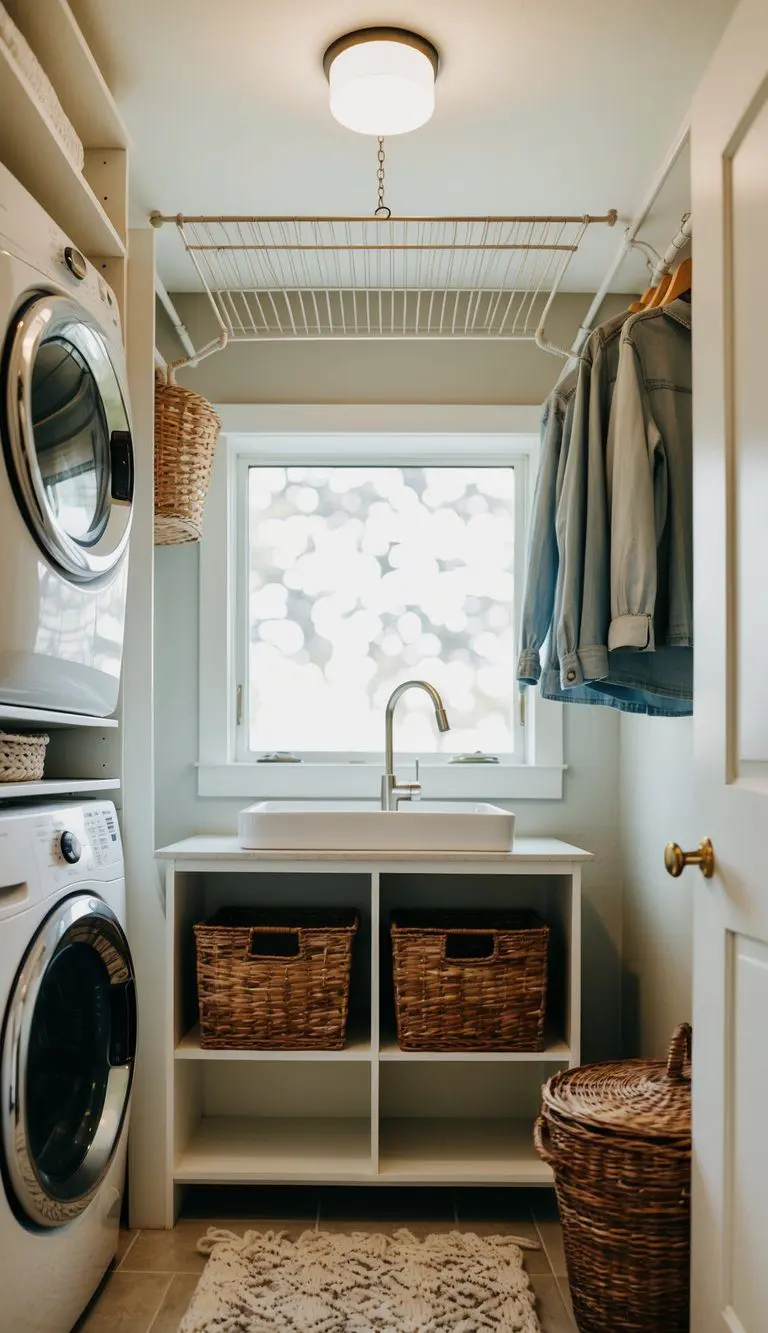 A small laundry room with a hanging drying rack, shelves, and baskets for organization