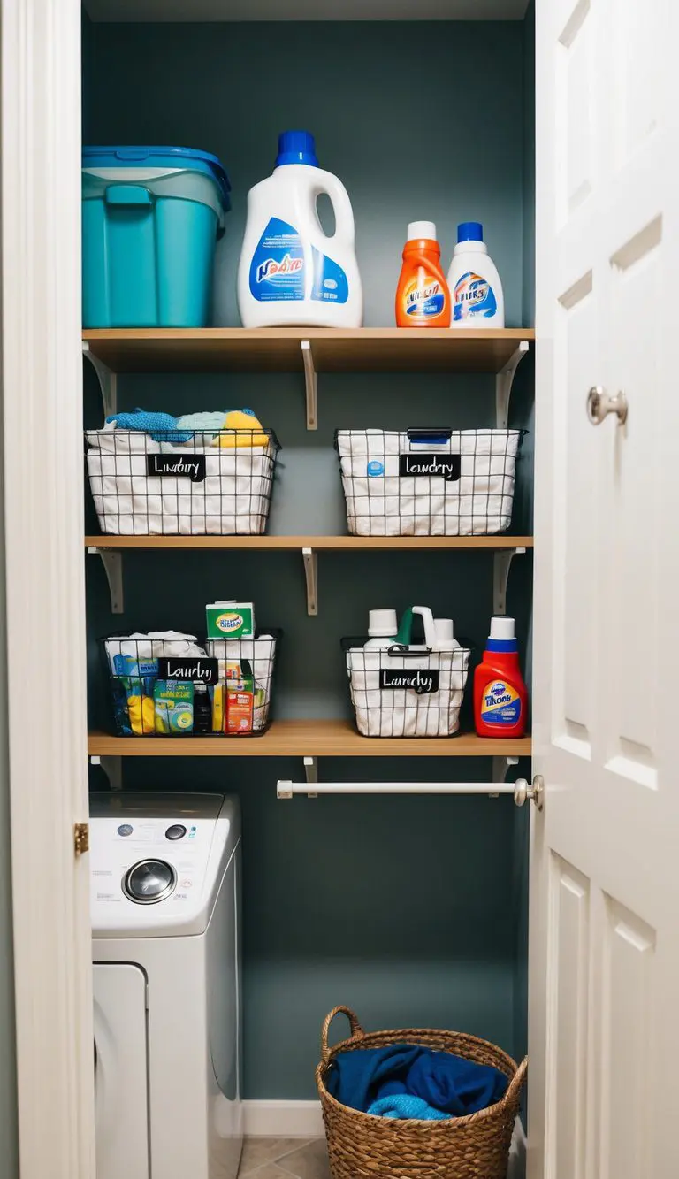 Wall-mounted shelves holding laundry supplies in a small, organized laundry room