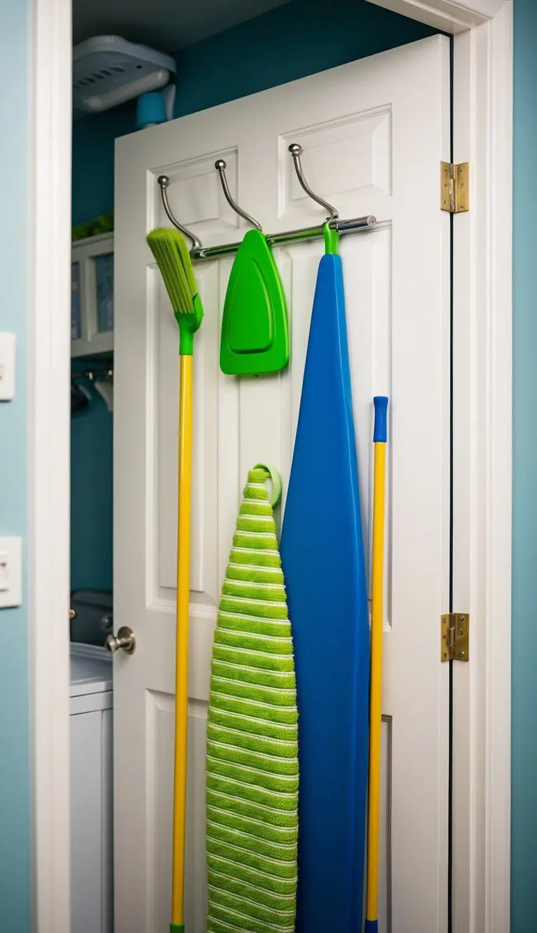 Over-the-door hooks hold broom, mop, and ironing board in small laundry room