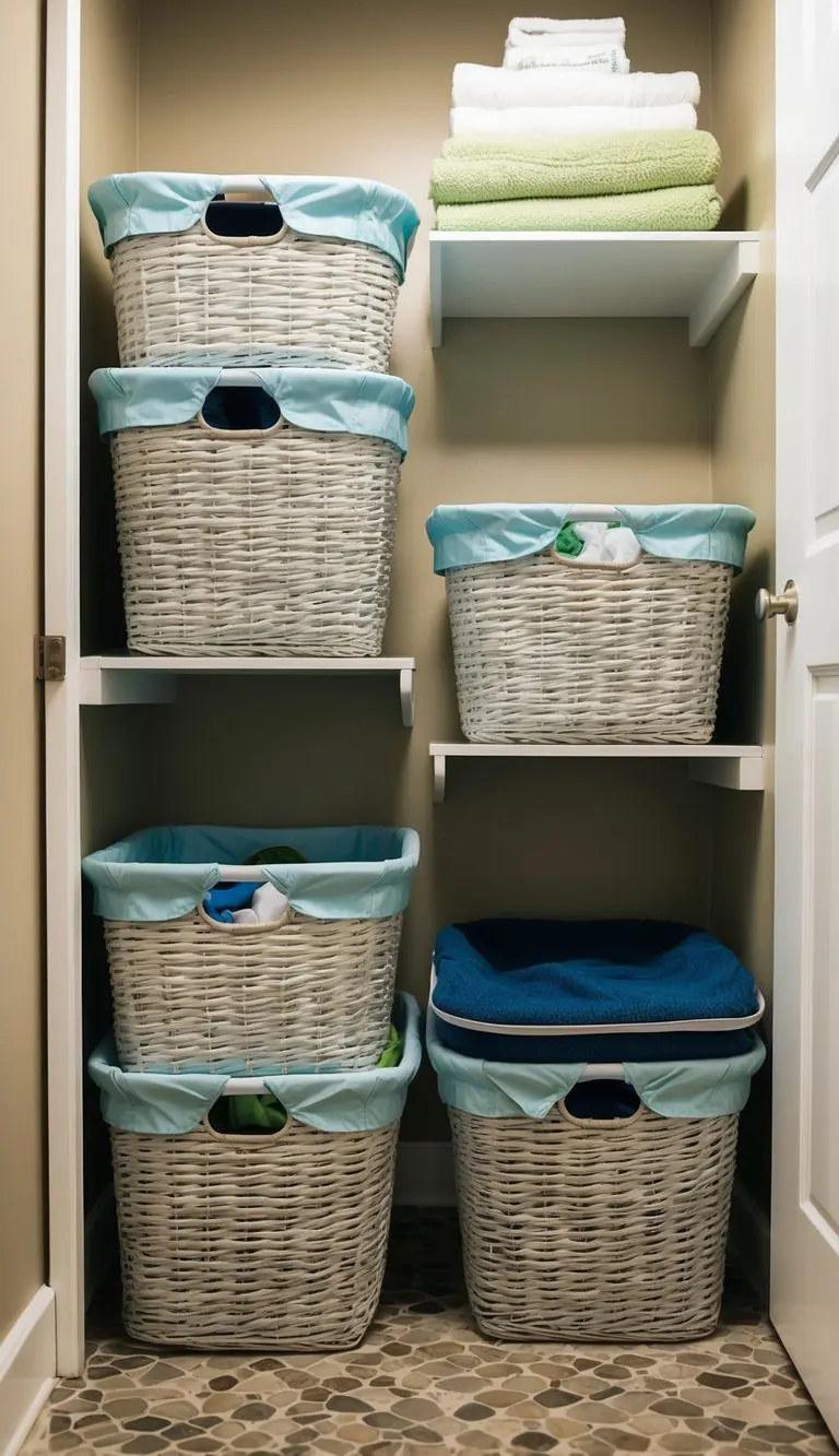 Stackable laundry baskets arranged neatly in a small laundry room, with shelves and storage solutions maximizing the space