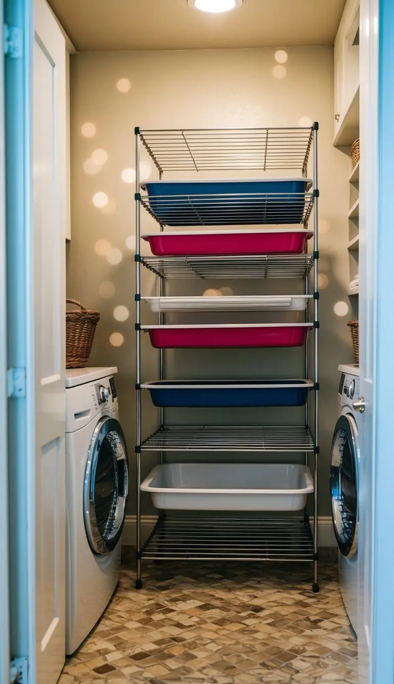 A multi-level drying rack fills a small laundry room