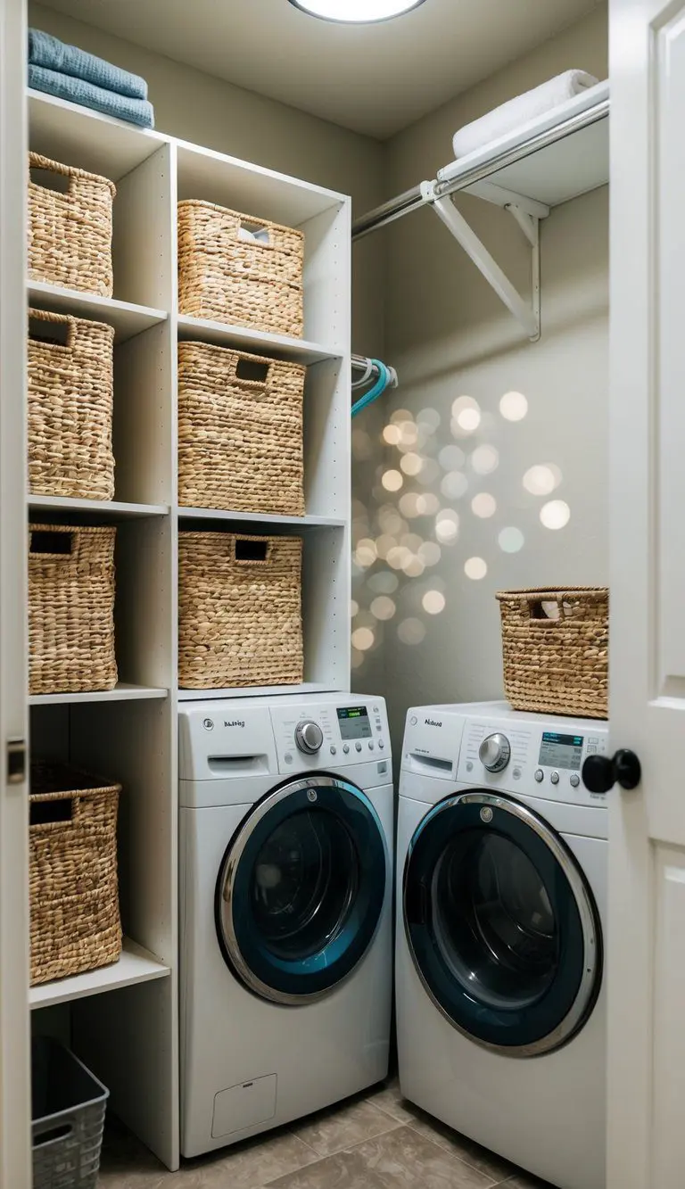 A small laundry room with space-saving hampers tucked neatly into a corner, shelves for storage, and a compact washer and dryer
