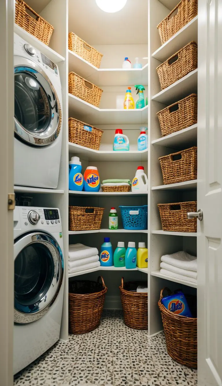 A small laundry room with corner shelving units filled with baskets, detergent, and cleaning supplies