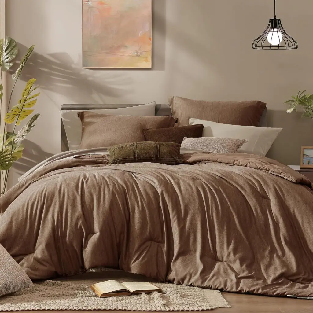 Monbix Queen Comforter Set 7 Pieces Brown Cationic Dyeing Bed in a Bag