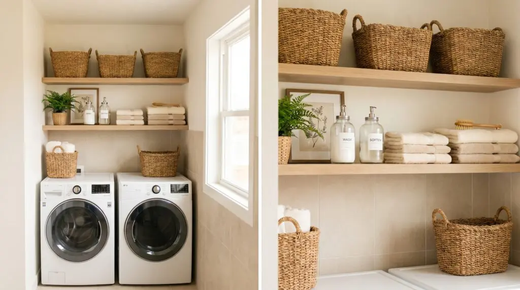Small laundry room with open shelves above washing machines holding baskets and detergents.