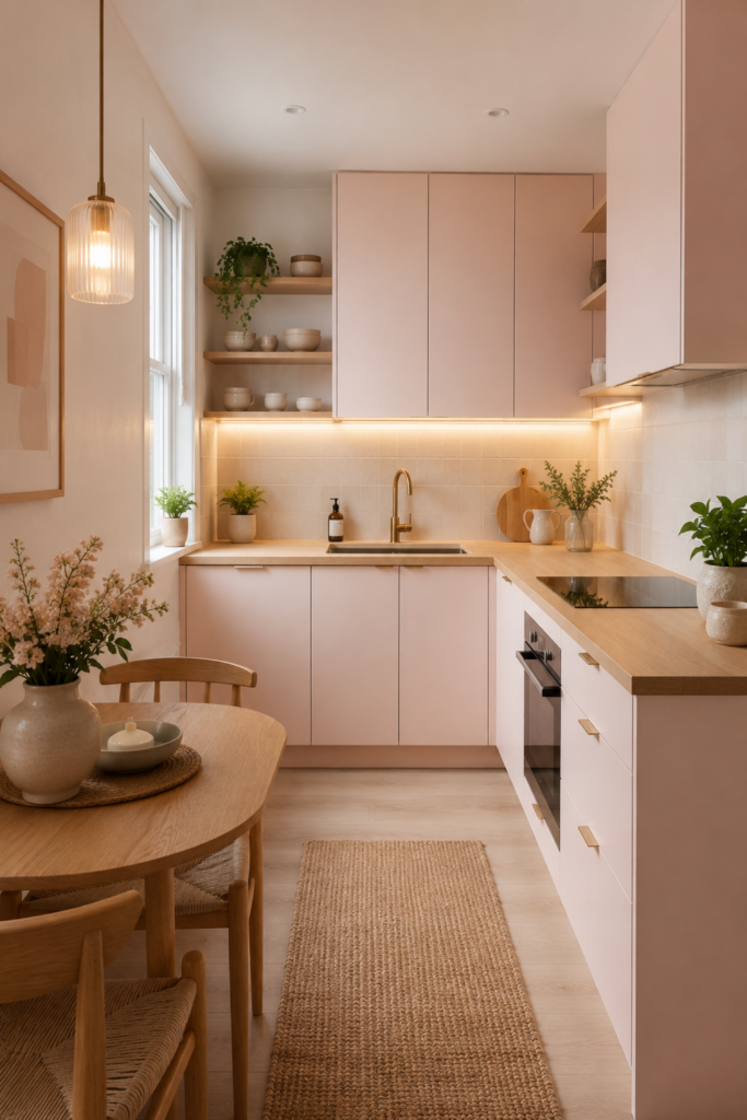 minimal small kitchen with pale blush cabinets, warm wood countertops, floating shelves, soft warm lighting, slim dining nook, pastel tones, cozy modern styling, light and airy feel, practical compact layout, realistic interior photography, no people, no text, no watermark,