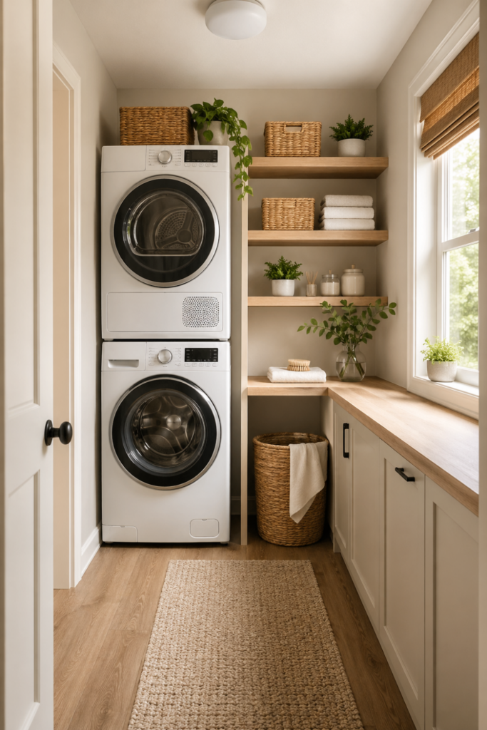 Small laundry room with a stacked washer and dryer unit and organized shelves.
