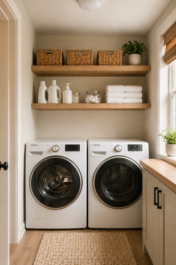 Small laundry room with open shelves above washing machines holding baskets and detergents.